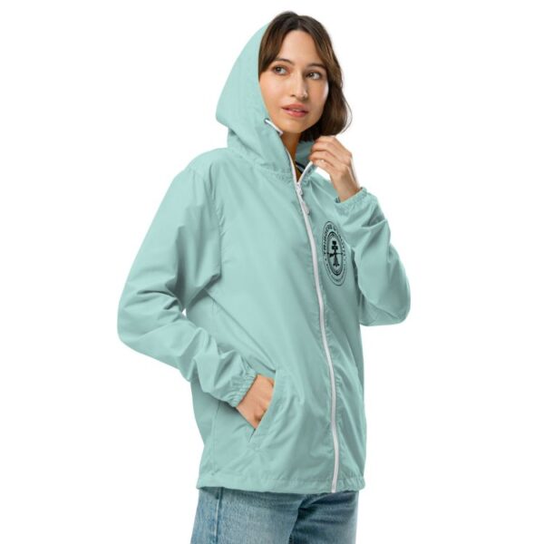 unisex lightweight zip up windbreaker aqua white zipper right front