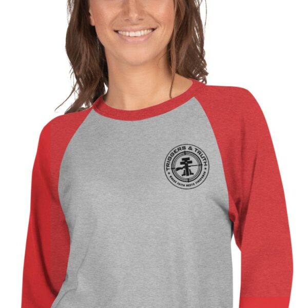 unisex sleeve raglan shirt heather grey heather red zoomed in