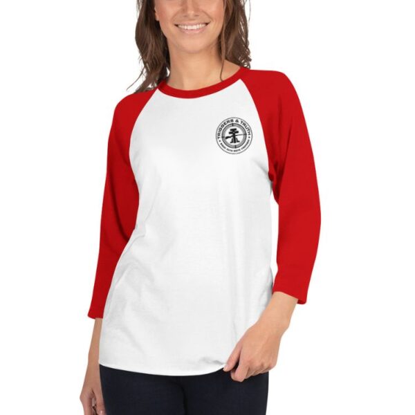 unisex sleeve raglan shirt white red zoomed in